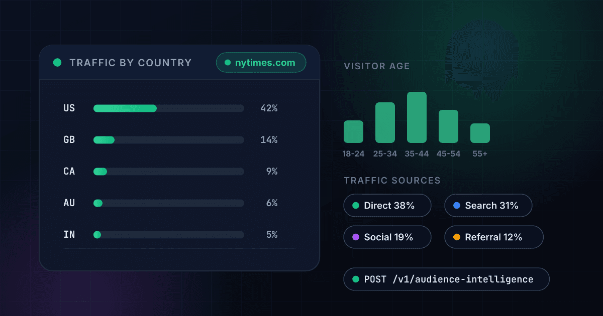 1Lookup audience intelligence API showing a website's traffic split by country, visitor age bands and referring traffic sources