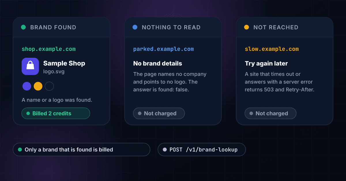 Three results of a brand lookup: a site that names its company or points to a logo returns the brand kit for 2 credits, a page that names no company and points to no logo is not charged, and a site that could not be reached is not charged