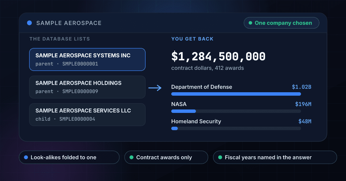 A fictional company name that matches three registrations in the federal database, a parent, a look-alike parent and a child, beside the one company the lookup chooses: 1.28 billion dollars of contract awards, 412 awards, and bars for the Department of Defense, NASA and Homeland Security
