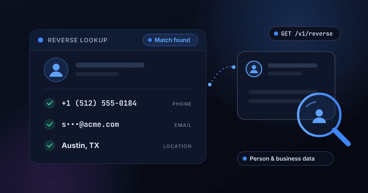 1Lookup reverse lookup API matching a phone number to a person with verified phone, email and location details
