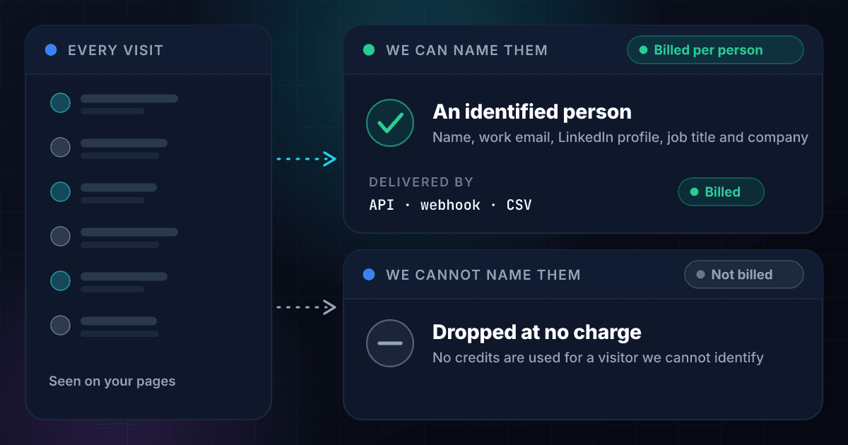 How Website Visitor ID bills: every visit to your pages is seen, the visitors who can be named become identified people with a work email and are billed once each, and the visitors who cannot be named are dropped at no charge