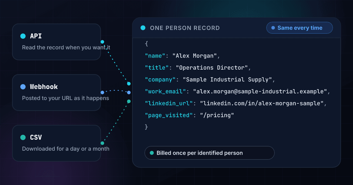 The same identified-person record for a fictional visitor arriving three ways from Website Visitor ID: read by API, posted to your URL by webhook, or downloaded as a CSV file, with the same fields each time