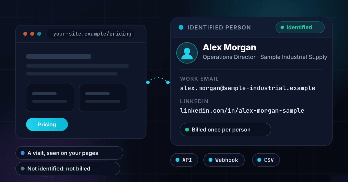 1Lookup Website Visitor ID turning a visit to a website into an identified person: a fictional visitor, Alex Morgan, Operations Director at Sample Industrial Supply, with a work email and a LinkedIn profile, delivered by API, webhook or CSV