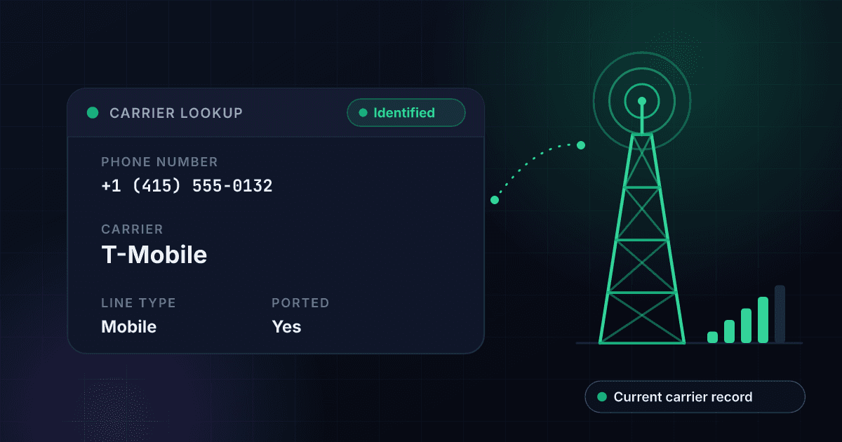 Carrier lookup result card showing the carrier, line type and ported status for an invented phone number, next to a cell tower with signal waves