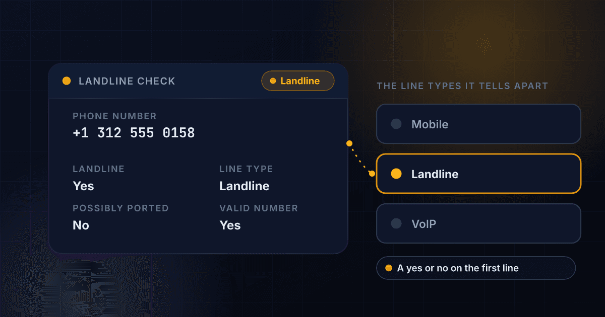 Landline checker result card showing Landline Yes, line type Landline, a valid number and not possibly ported, beside the three line types it tells apart: mobile, landline and VoIP, with landline highlighted