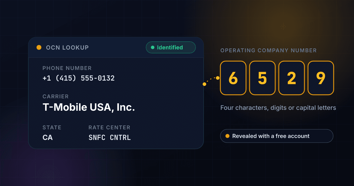 OCN lookup result card showing a carrier, its state and rate center, next to the four-character operating company number split into four tiles
