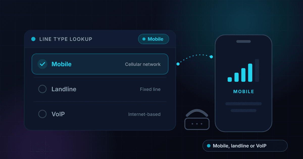 Line type lookup result card showing a phone number classified as mobile rather than landline or VoIP
