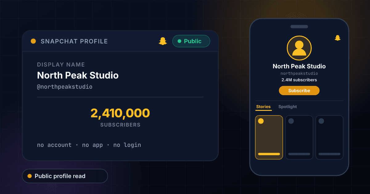 Snapchat profile viewer showing a public profile's subscriber count and display name, read without a Snapchat account