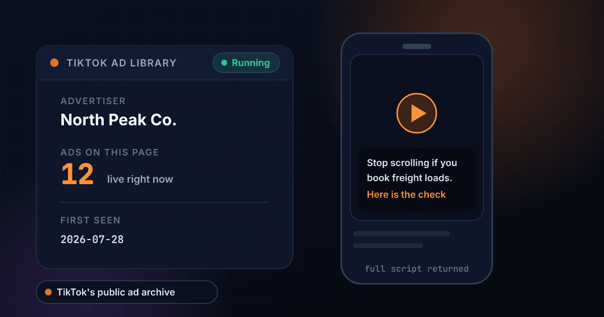 TikTok ad library search showing an advertiser's live ads and the full wording of their newest creative on a phone