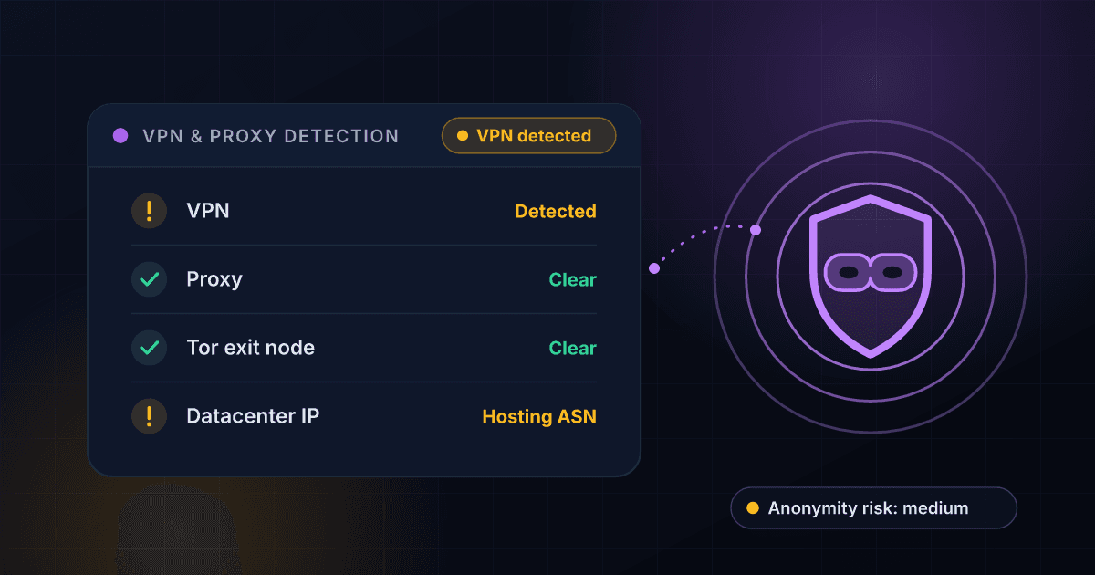 VPN and proxy detection result card flagging a connection as VPN with proxy, Tor and datacenter checks