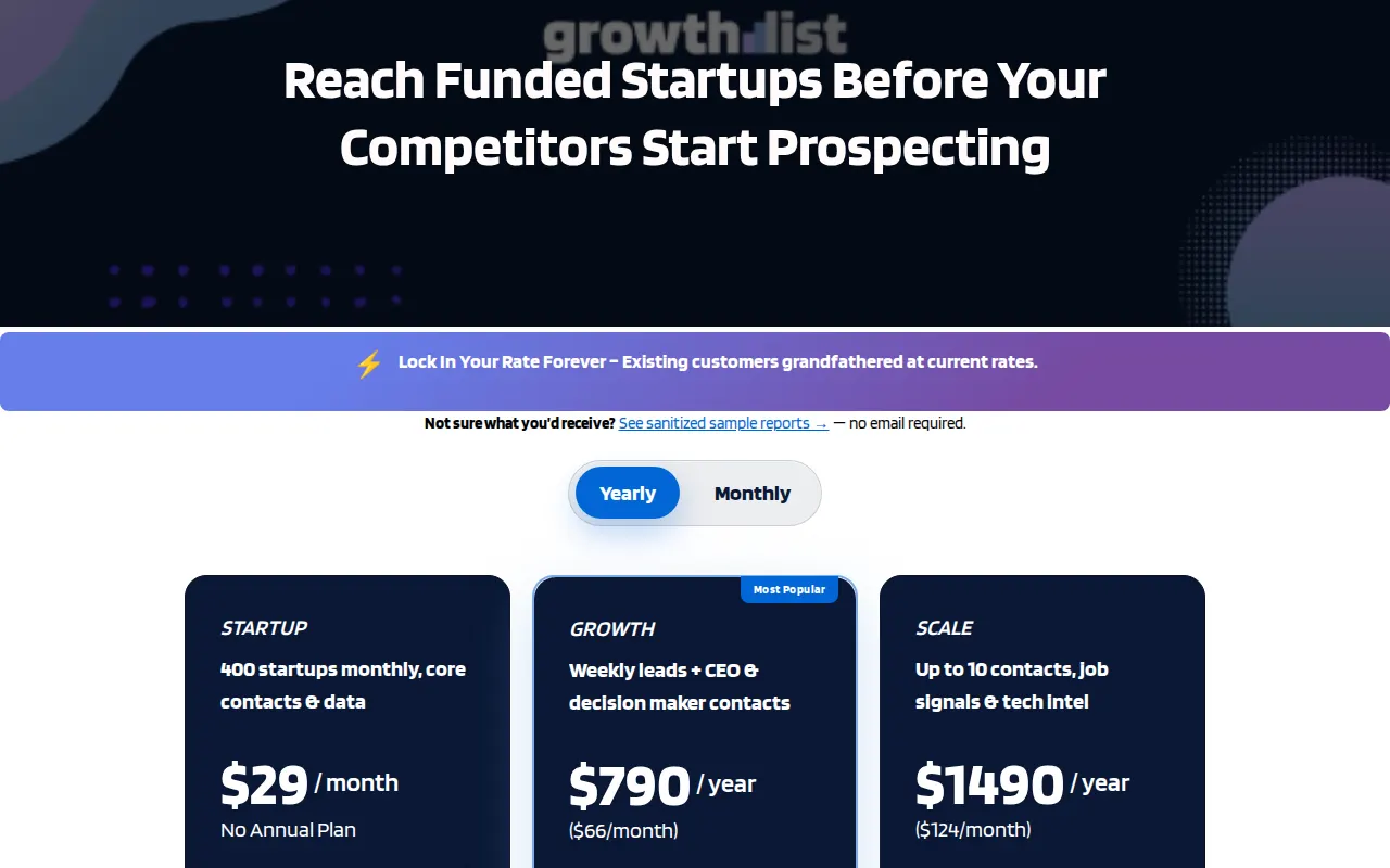 GrowthList's plans as its pricing page printed them, captured 2026-10-26
