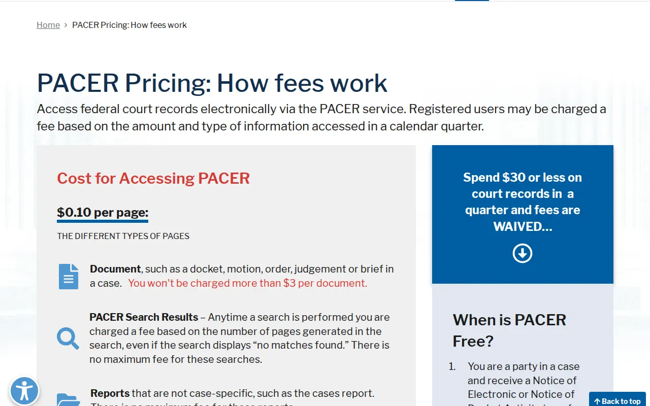PACER's fee page: 10¢ a page, and searches billed by the page, captured 2026-10-26