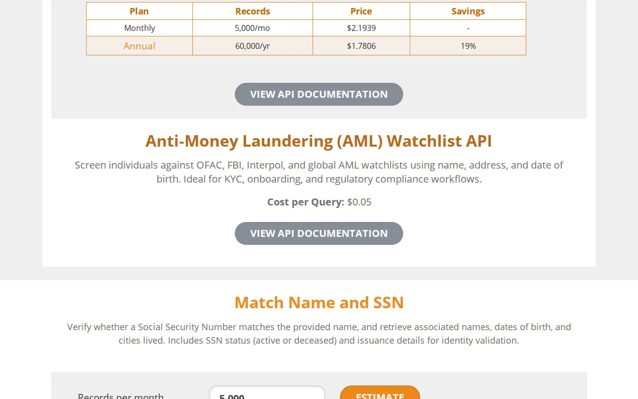 Searchbug's AML Watchlist API and its cost per query, on its API pricing page, captured 2026-10-26