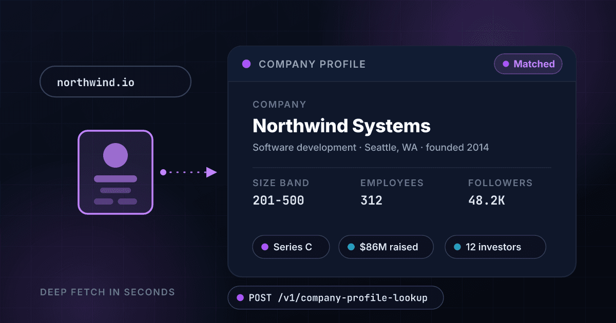 1Lookup company profile lookup API resolving a company domain into a firmographic profile with industry, size band, headquarters, followers and funding history