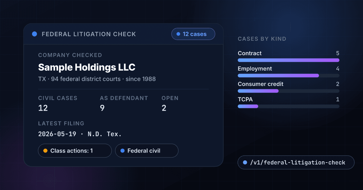 1Lookup Federal Litigation Check showing a fictional company, Sample Holdings LLC, with 12 federal civil cases, 9 as defendant, 2 open, and its cases broken down by kind of suit