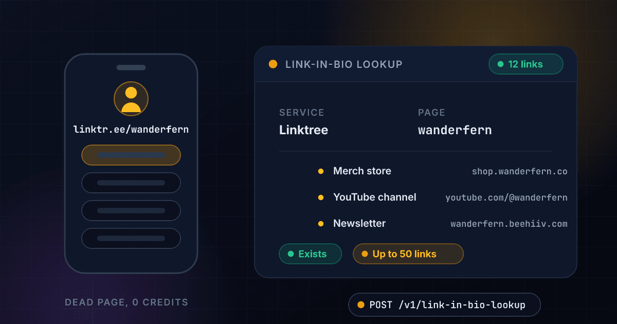 1Lookup link-in-bio lookup API extracting every destination link from a Linktree-style page into structured JSON