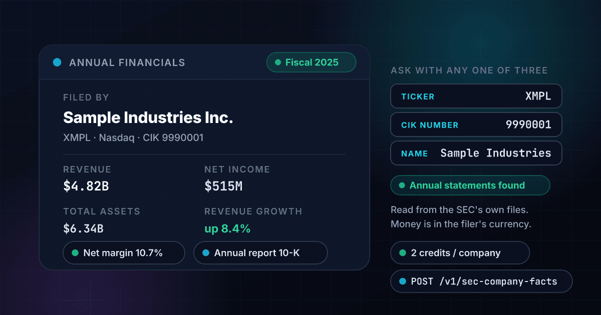 1Lookup SEC Company Facts API showing a fictional public company, Sample Industries Inc., with the revenue, net income and total assets it filed for fiscal 2025, and the three ways to ask: a ticker, a CIK number or a company name