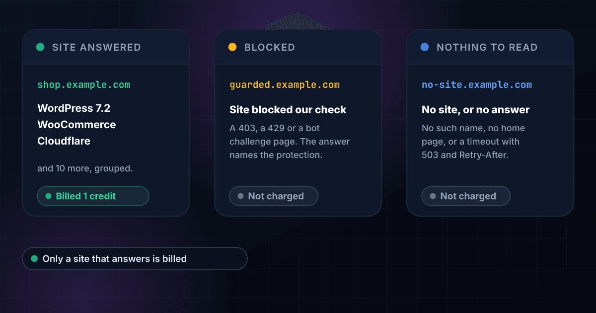 Three results of a tech stack lookup: a site that answers returns its technologies for 1 credit, a site that blocks the check is named as blocked and not charged, and a site that does not exist or does not answer is not charged