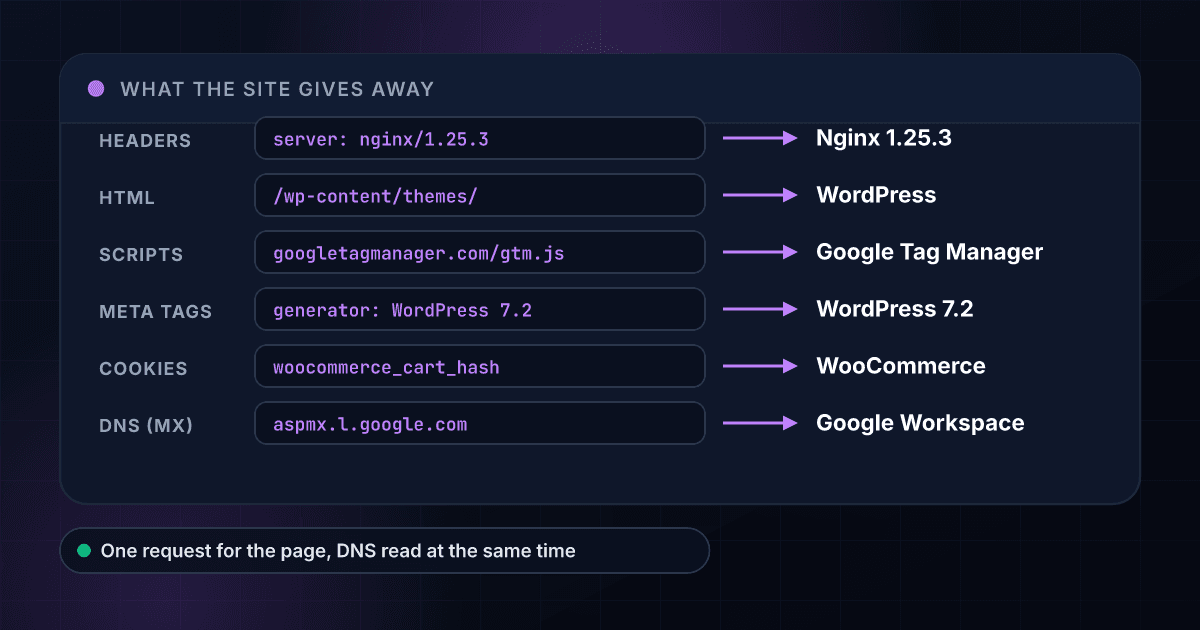 Six kinds of evidence a tech stack lookup reads from a fictional shop's site, the headers, HTML, script addresses, meta tags, cookies and DNS mail records, each beside the technology it reveals, such as Nginx 1.25.3, WordPress 7.2, Google Tag Manager, WooCommerce and Google Workspace