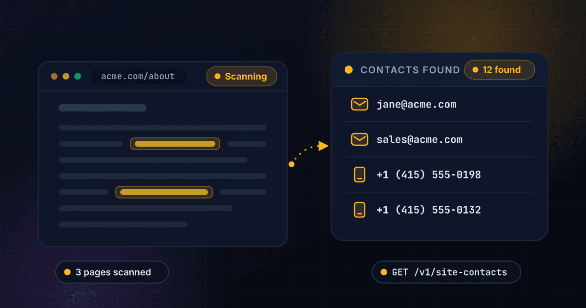 1Lookup website contacts scraper extracting emails and phone numbers from a company website into a structured list