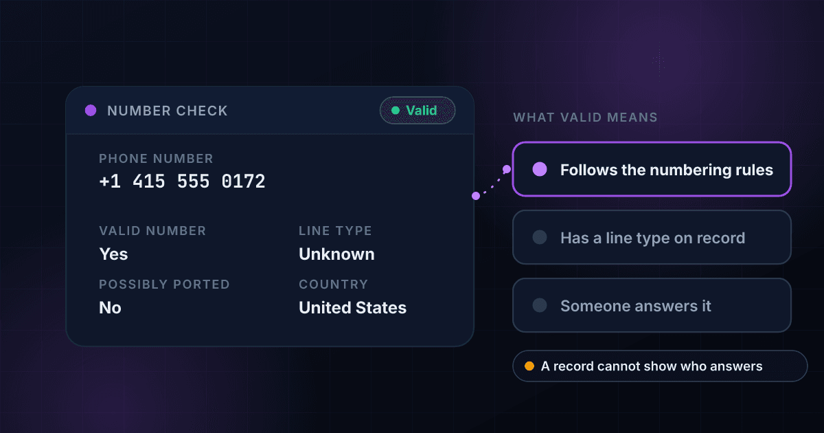 Fake phone number checker result card showing a valid number with an unknown line type in the United States and not possibly ported, beside three questions: follows the numbering rules, has a line type on record and someone answers it, with the first highlighted