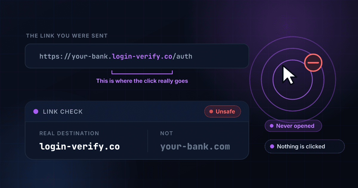 Link safety checker dissecting a link so the real destination is obvious: the brand name sits in front of the address while the registered domain that actually receives the click is a different site