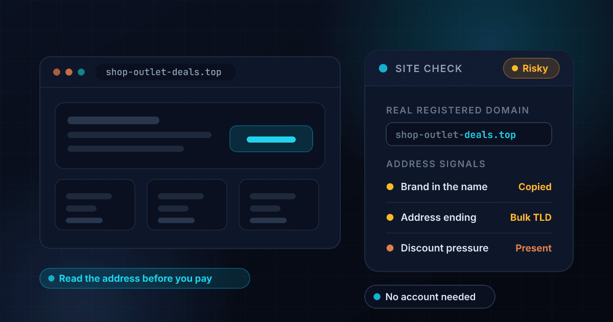 Website legitimacy checker reading a storefront address and showing that the real registered domain is a lookalike, not the brand it appears to copy