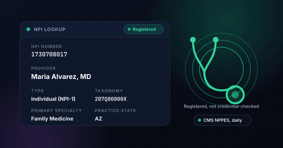 NPI lookup result card showing a registered healthcare provider with credentials, primary specialty, taxonomy code and practice address beside a stethoscope