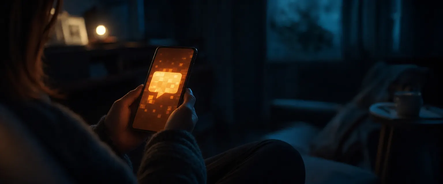 Hands holding a phone in a dark room, the screen glowing orange with an unread message