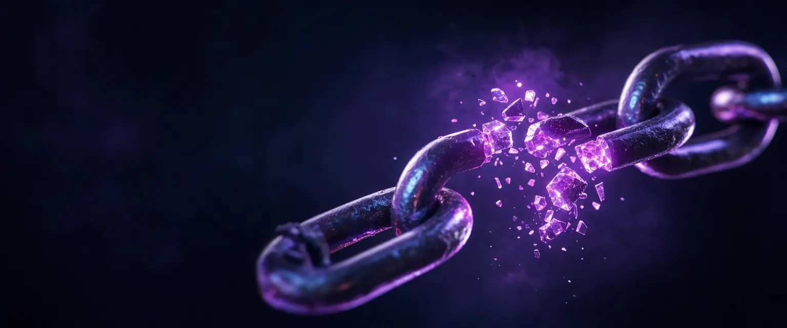 A glowing chain of links in dark space with one link breaking apart, lit violet