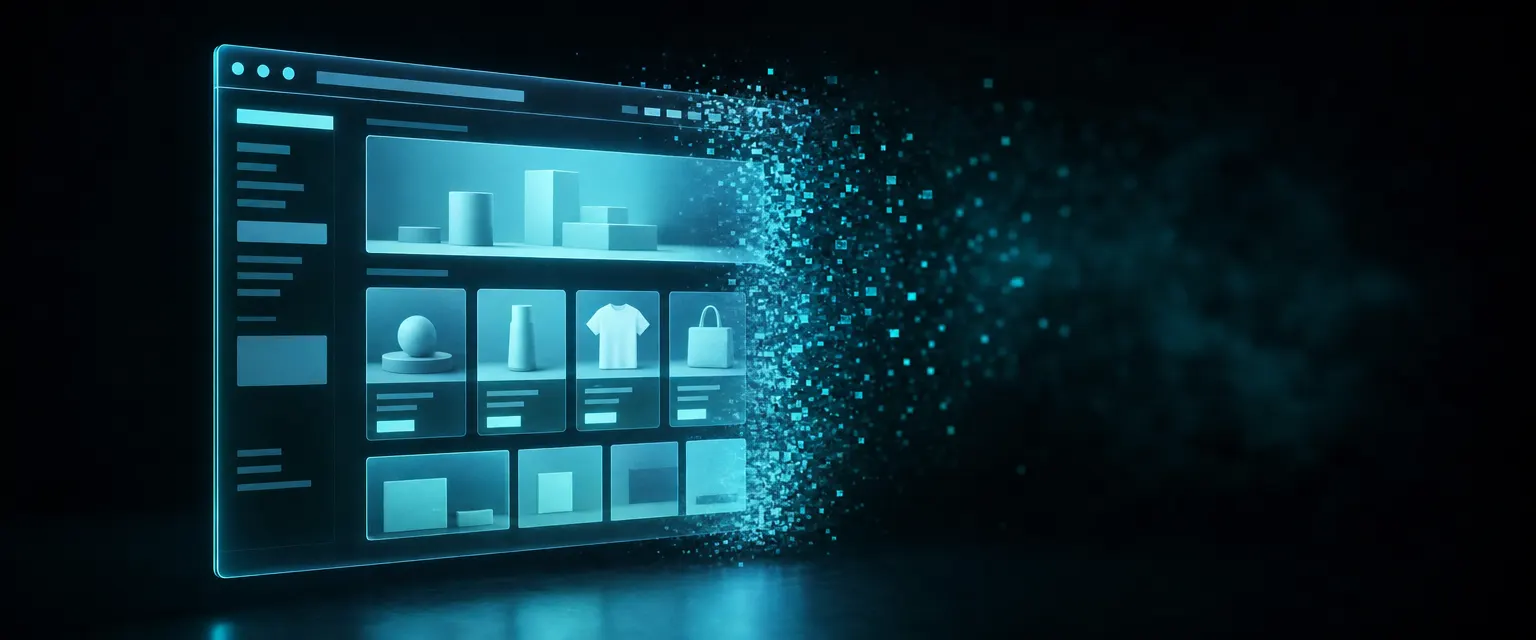 A floating storefront window dissolving into pixels against a dark background, lit cyan