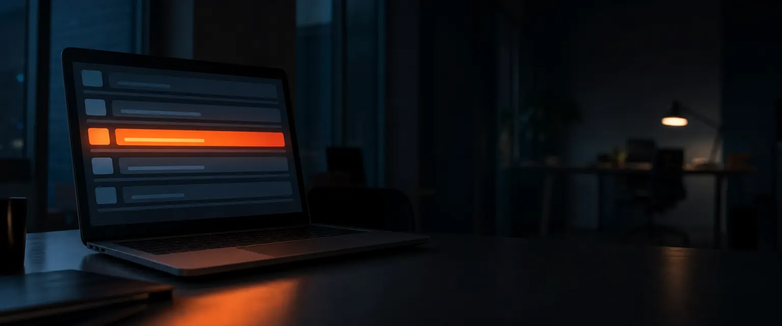 A laptop in a dark office showing an abstract inbox with one message glowing orange