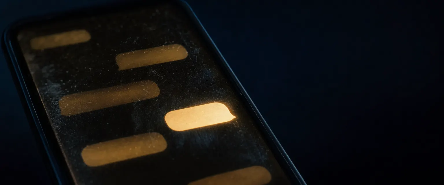 Macro close-up of a phone screen at night showing an abstract text message thread lit amber