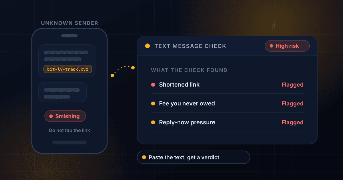 Scam text message checker reading a suspicious SMS on a phone and flagging the shortened link, the false delivery-fee claim and the unknown sender as smishing signals