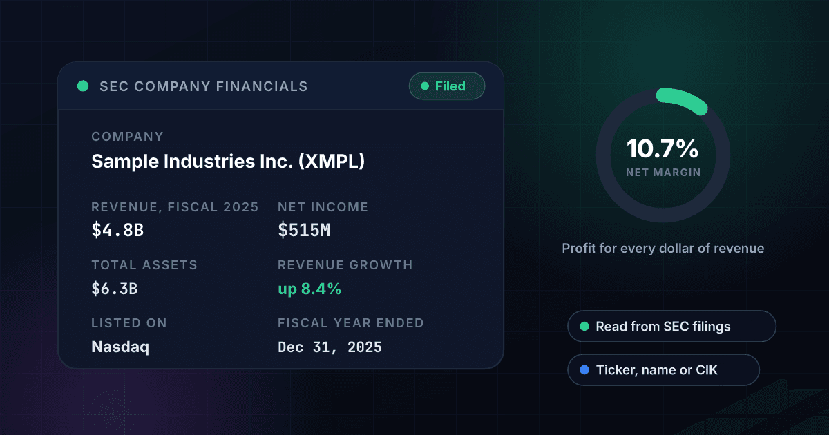 SEC company financials result card showing a fictional public company's revenue of $4.8 billion, net income of $515 million, total assets and revenue growth for fiscal 2025, beside a ring showing a net margin of 10.7 percent
