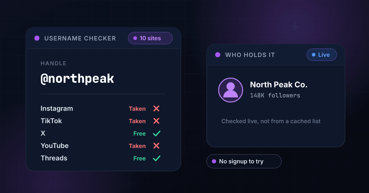 Social username checker showing one handle checked across ten networks at once, taken on some and available on others