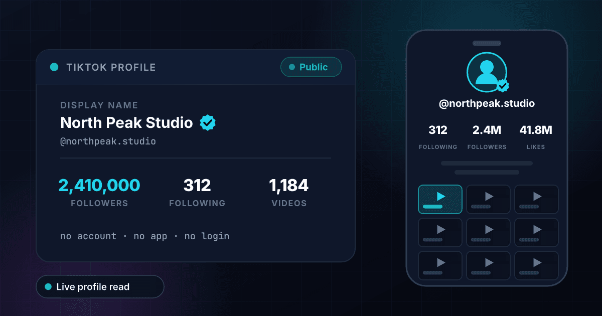 TikTok profile viewer showing a public account's follower, following and video counts with a verified badge, read without a TikTok account