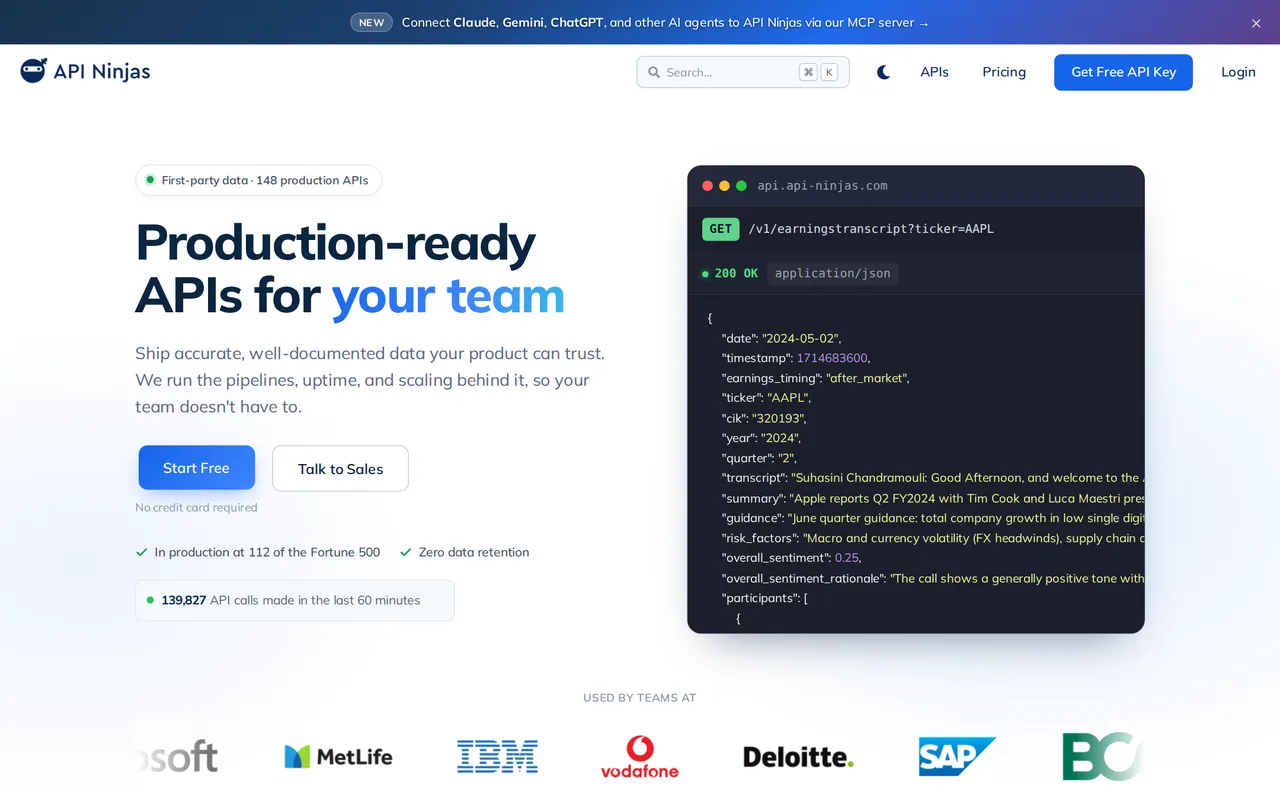 API Ninjas homepage