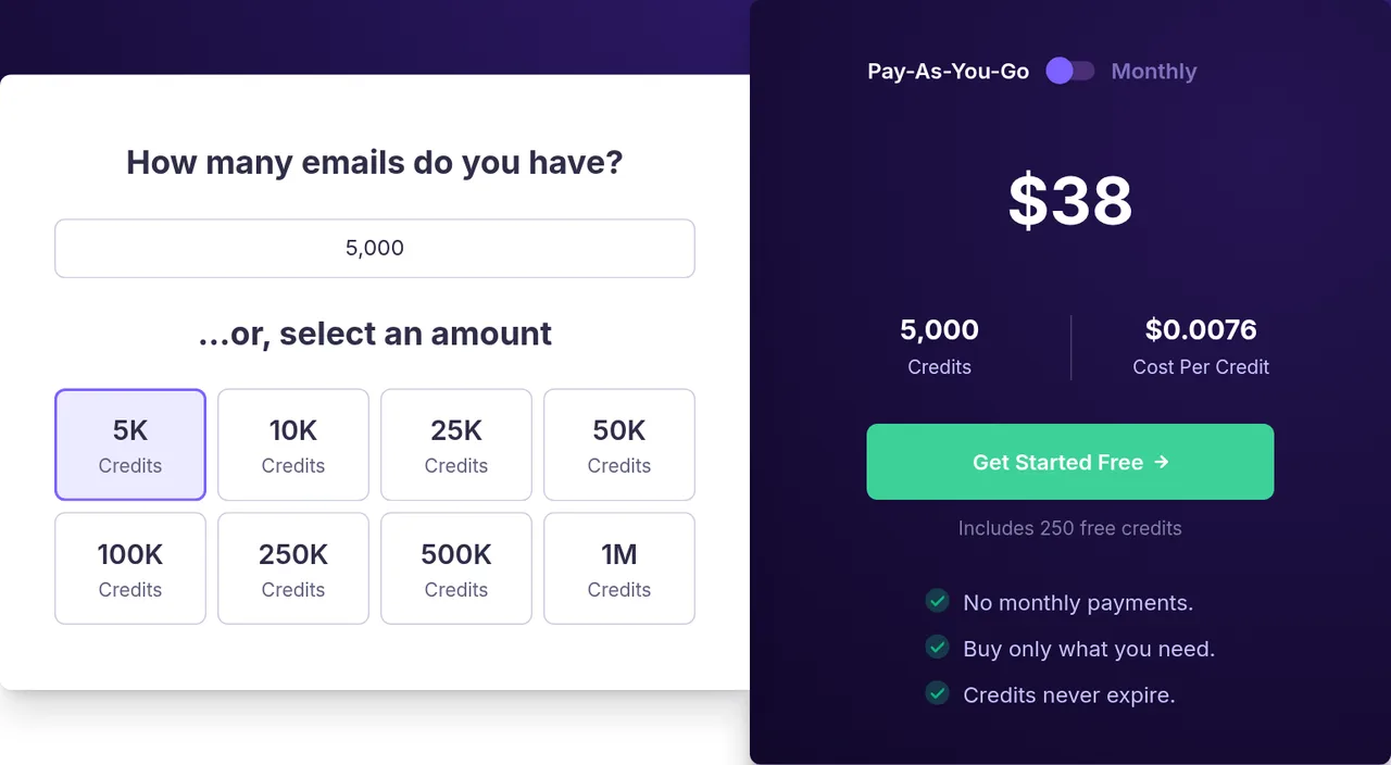 Emailable pricing page