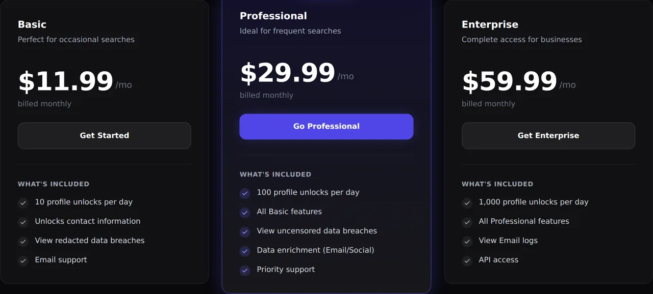 Lookups.io pricing page