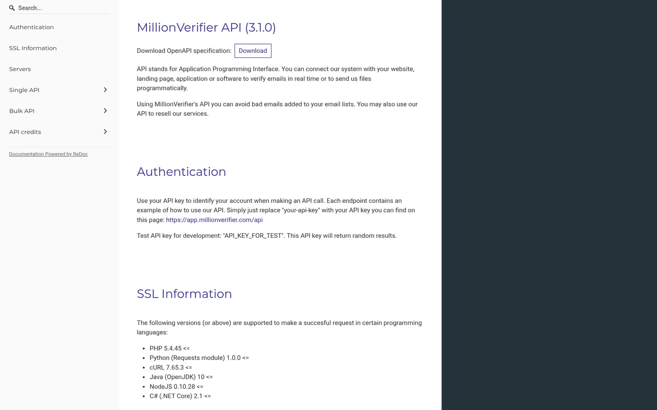 MillionVerifier api reference