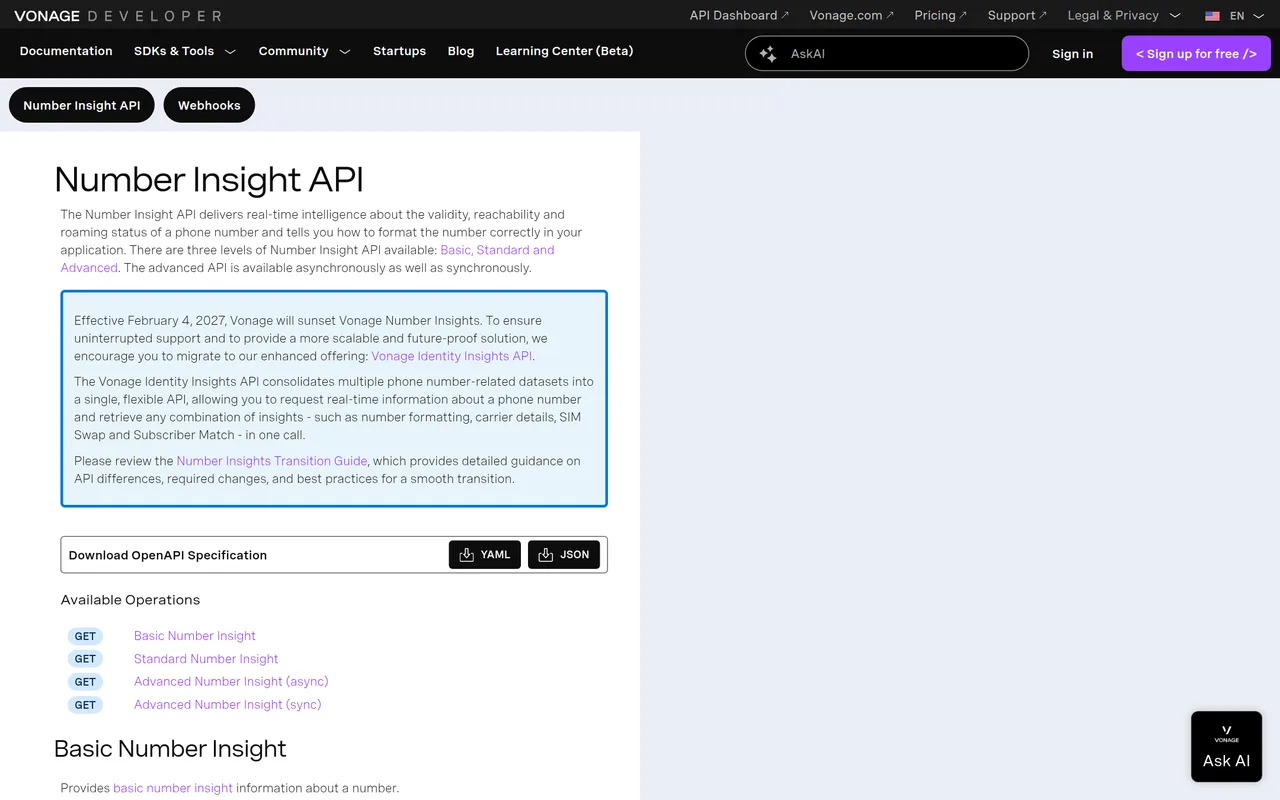 Vonage api reference