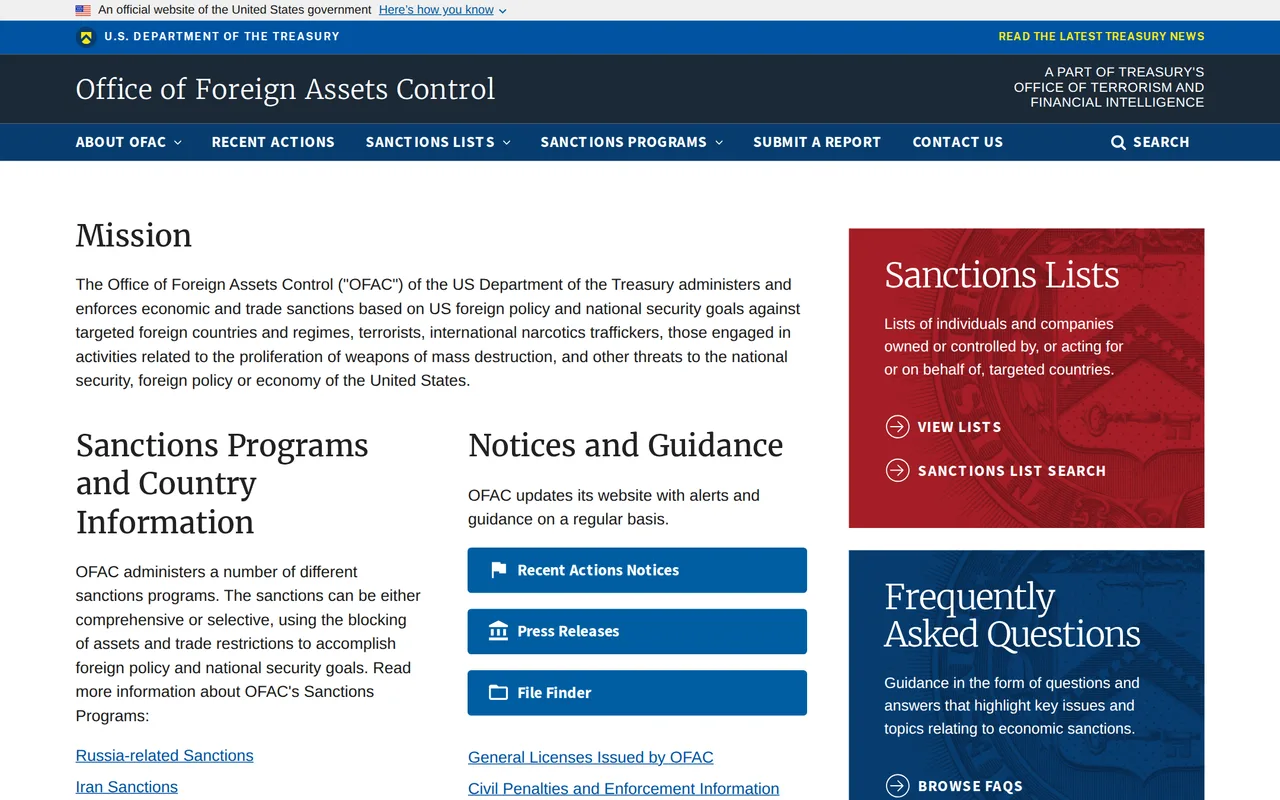 OFAC Sanctions List Search homepage