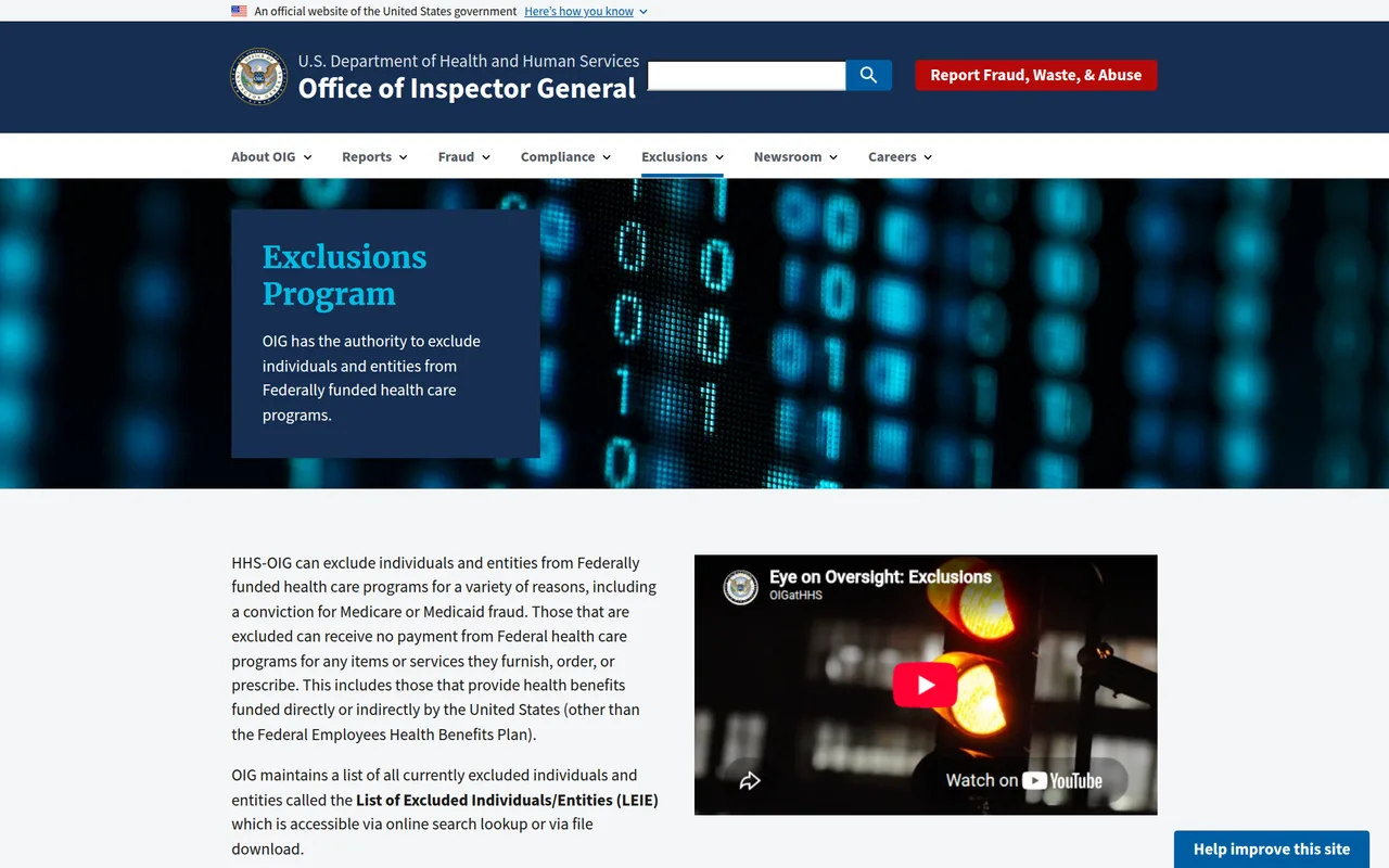 OIG LEIE Online Search homepage