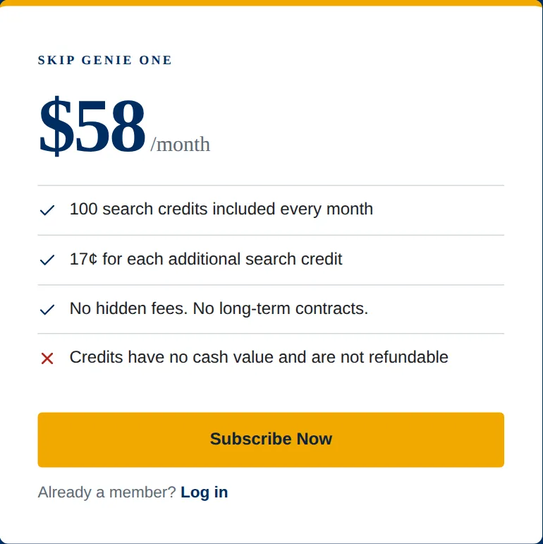Skip Genie pricing page