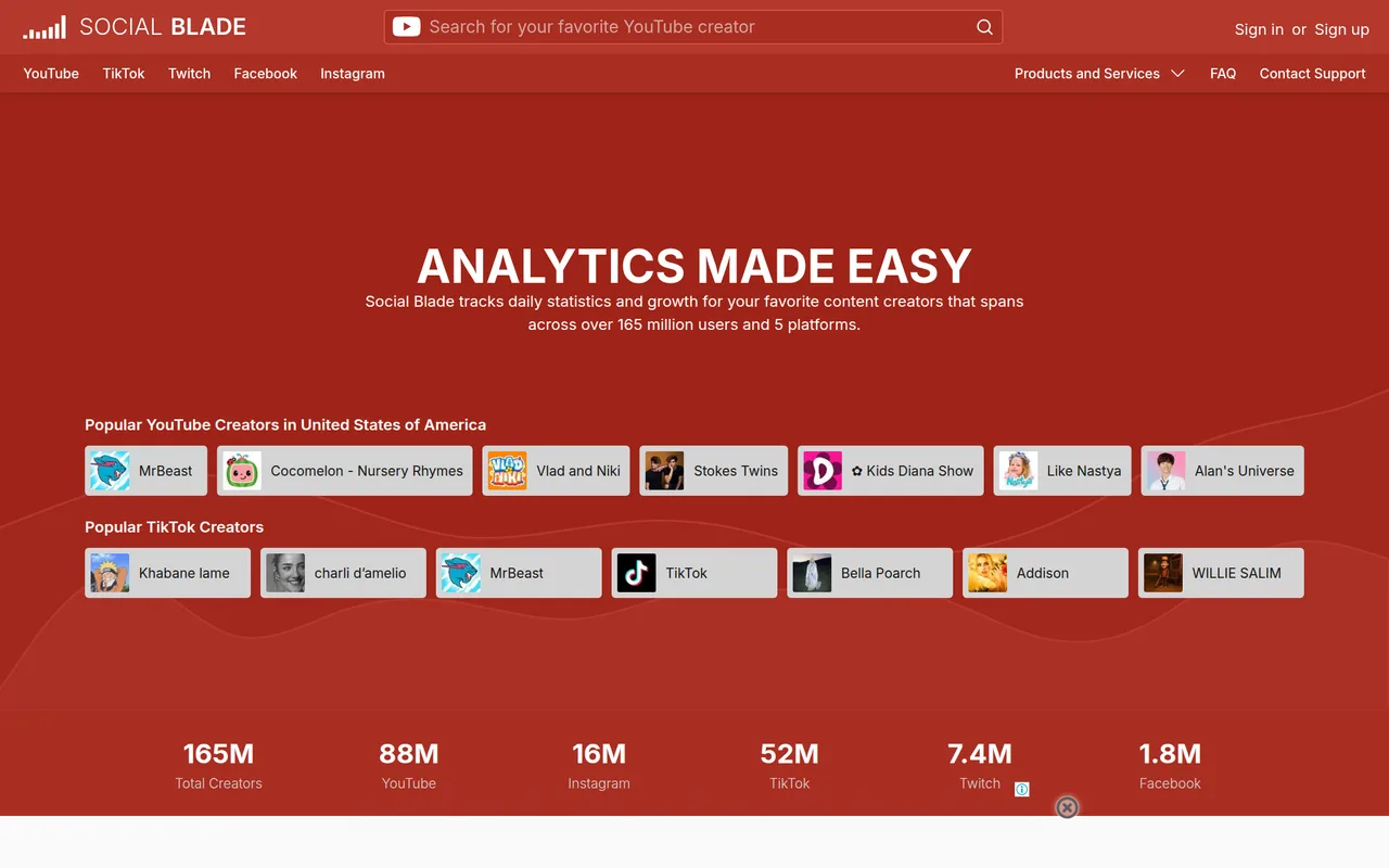 Social Blade homepage