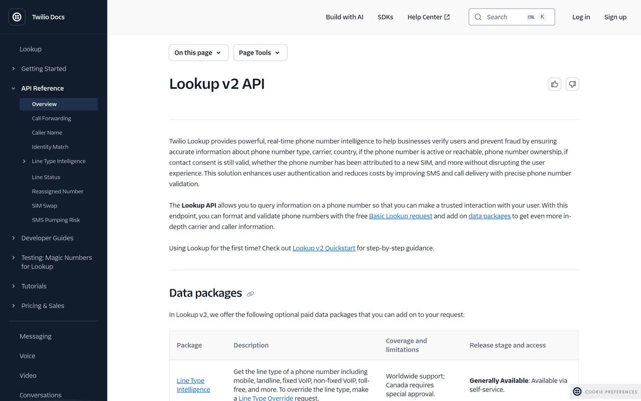 Twilio Lookup api reference