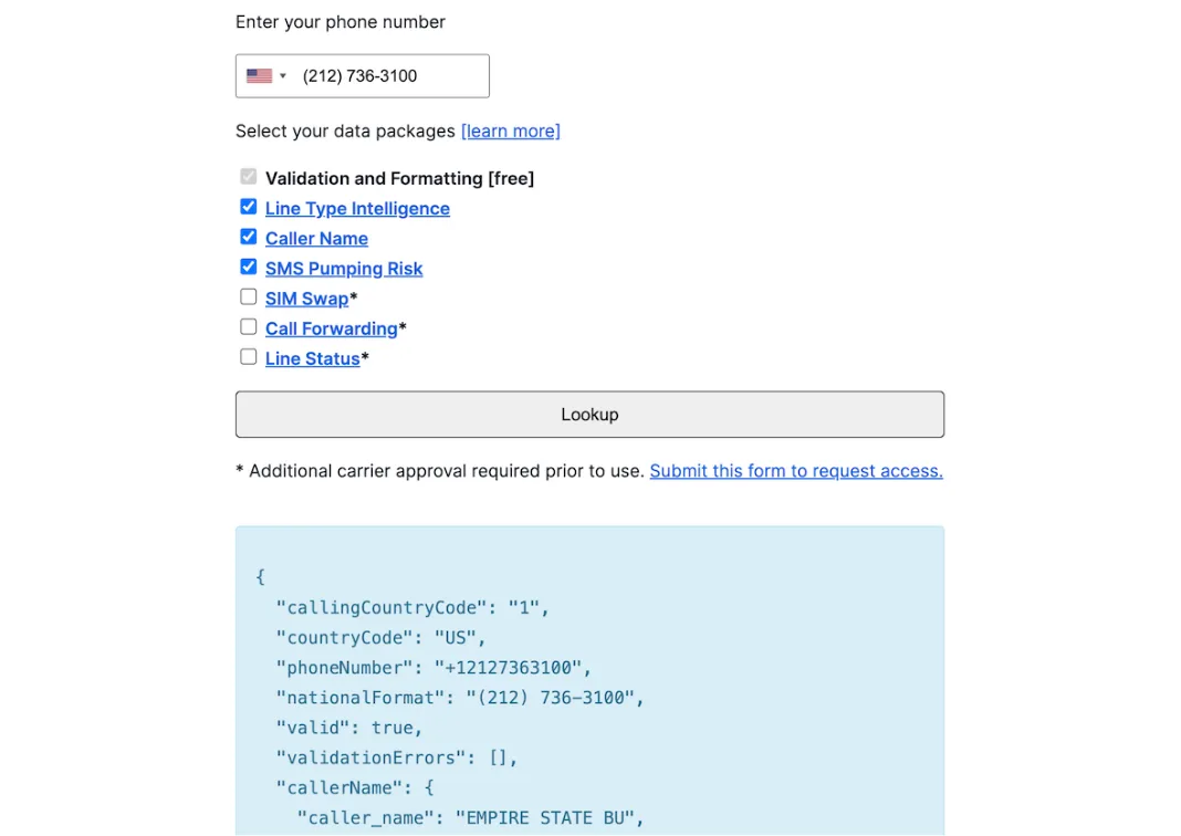 Twilio Lookup product interface