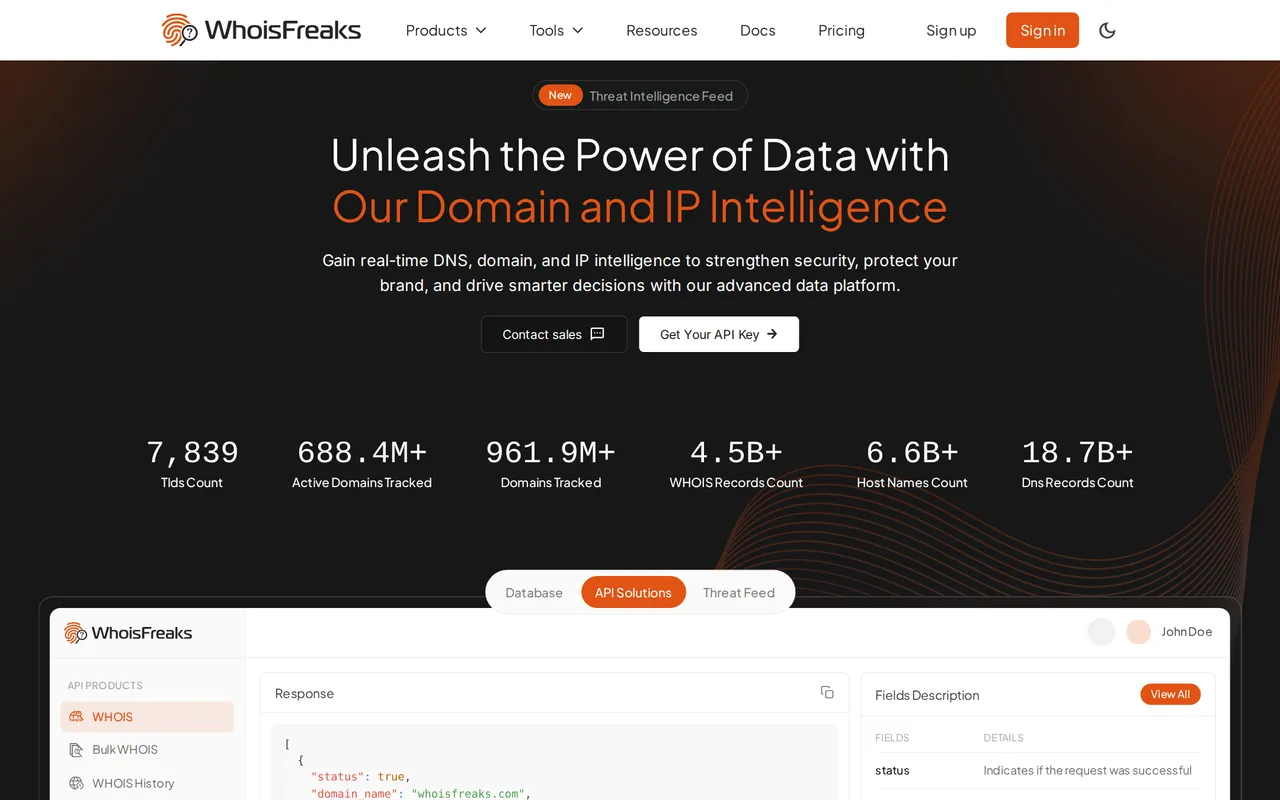 WhoisFreaks homepage