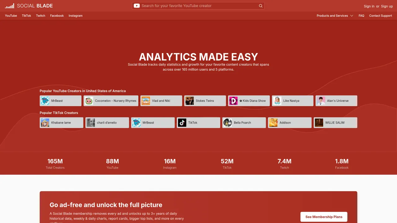 Social Blade homepage